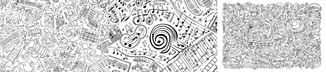 Fototapeta premium Modern, hand-drawn cartoon doodles of various music-themed objects are showcased in this set
