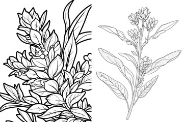 Black and white graphic art featuring a modern isolated sketch illustration of salvia sage herb flower
