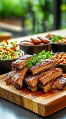Delicious Barbecue Ribs Served with Fresh Salad and Beans