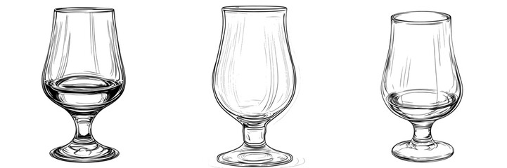 The image features a hand-drawn, black and white illustration of a nosing glass, specifically designed for whiskey, scotch, and brandy, set against a plain white background in a modern sketch style