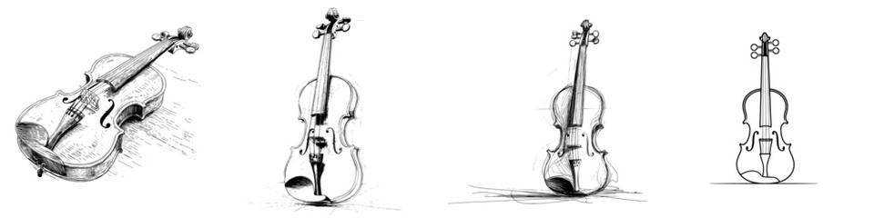 A hand-drawn outline of a violin is set against a white background, showcasing the contour lines of the wooden musical instrument © Andrei