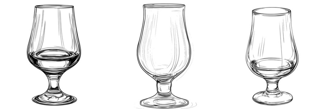 The image features a hand-drawn, black and white illustration of a nosing glass, specifically designed for whiskey, scotch, and brandy, set against a plain white background in a modern sketch style