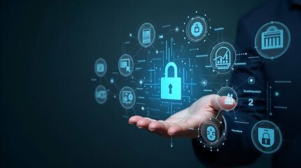 Fototapeta premium Hand Interacting with Holographic Digital Banking Interface: Exploring Financial Services, Data Security, Currency Exchange, and Payment Icons in a Transformative Banking Concept