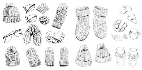 A winter clothing set featuring a modern, hand-drawn ink style for warmth