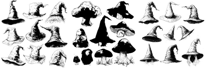 Modern illustration is presented in a sketch style with a hand drawn set of pointed caps on white background