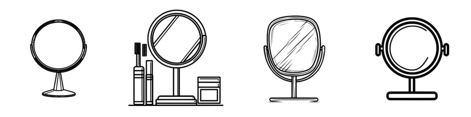 A modern, hand-drawn round makeup mirror is depicted in outline doodle icon form, ideal for various mediums