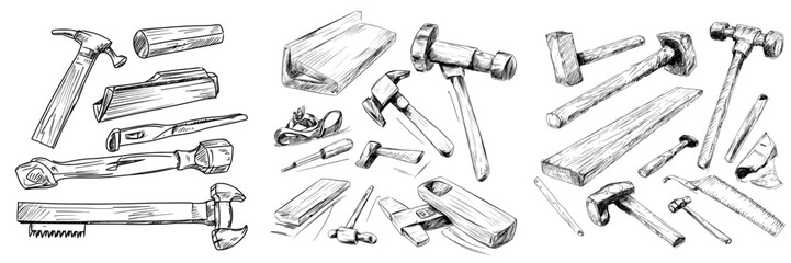 Modern hand drawn illustration of tools in a carpentry workshop