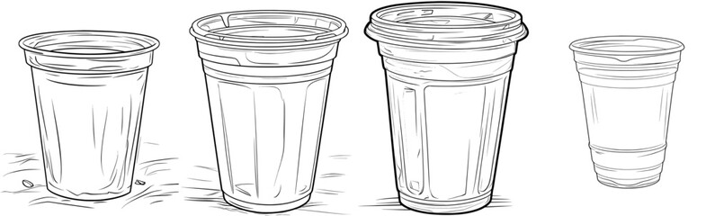 The image features a plastic glass in a cartoon modern style with illustration, presented in black and white, hand drawn, and sketch style, isolated on a white background