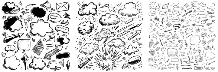 A set of hand-drawn doodles includes a variety of shapes, such as clouds, speech bubbles, and arrows, all created in a modern circular style