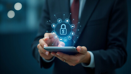 Revolutionizing Digital Payments: Hand Using Holographic Interface on Smartphone Showcasing Online Banking Security and Transaction Success Icons in Fintech Concept