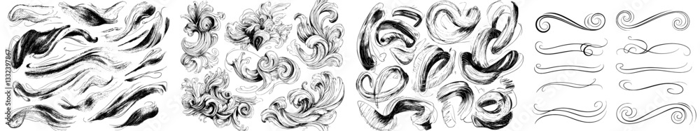 Poster collection of manually created lettering and calligraphy patterns, including swirls and squiggles, f