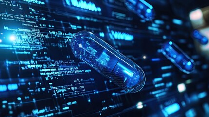Fototapeta premium A digital pharmaceutical background with blue capsules floating over a futuristic medical interface, symbolizing modern medicine