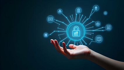 Fototapeta premium Flat Hand interacting with holographic digital banking interface showing financial services data security currency exchange payment icons in empty space concept as Hand interacts with holographic digi