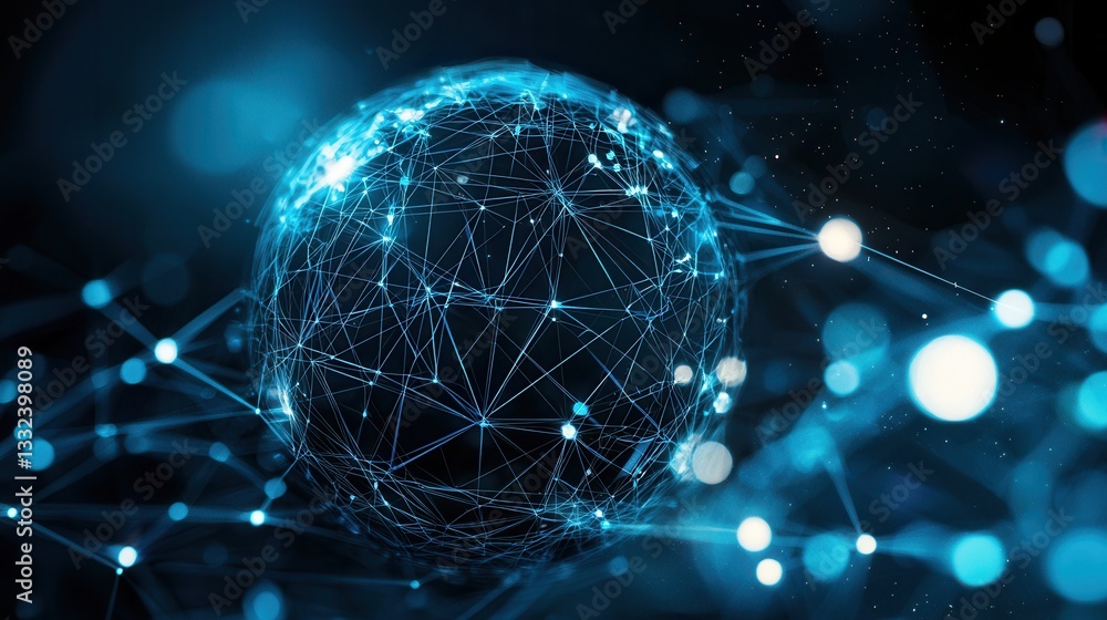 Poster futuristic digital globe composed of a complex lattice of glowing blue lines and points representing