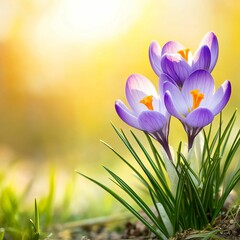 Fototapeta premium Beautiful Purple Crocus Flowers Blooming in Spring Sunlight