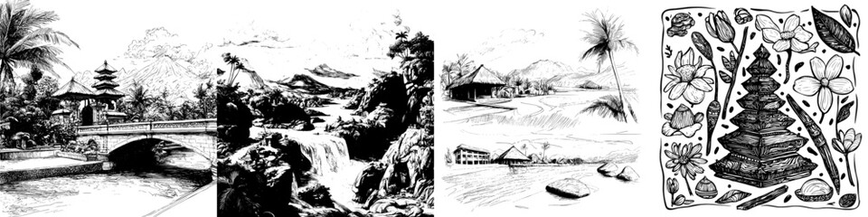 Obraz premium Creating illustrations of Bali's distinctive sketch elements, including its buildings and scenic locations