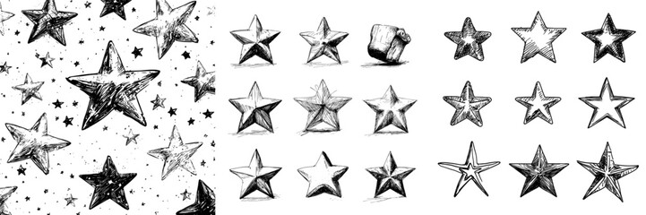 Obraz premium A hand-drawn sketch of stars forms a modern illustration, comprising black symbols created with a brush, pen, and ink, set against a white background, ideal for logos, textile prints, fabrics, and