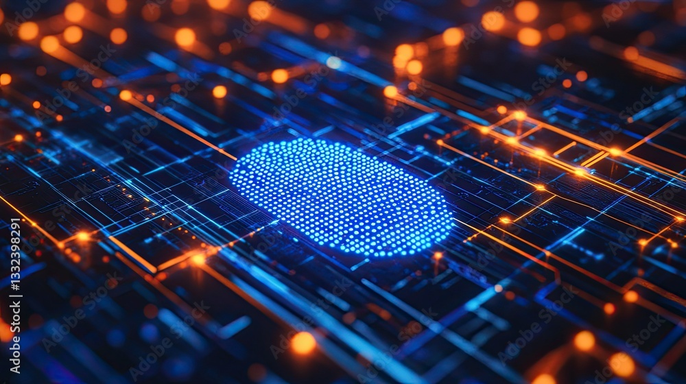 Poster a digital representation of cybersecurity with a fingerprint scanner overlayed on a glowing cyber ne