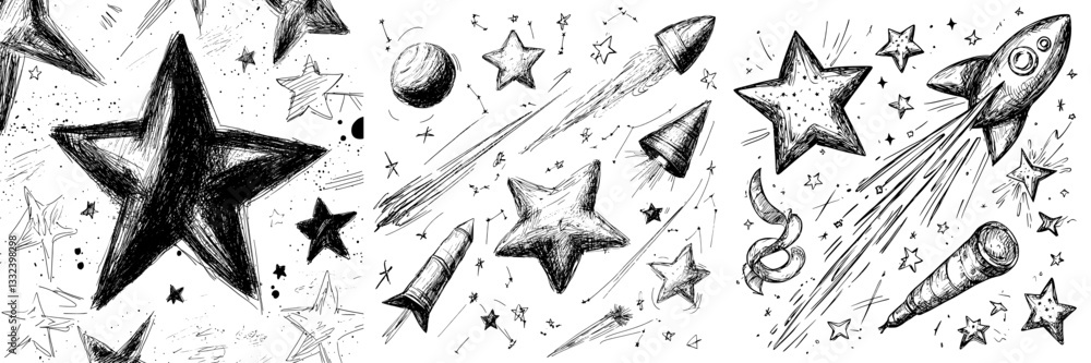 Poster modern black doodle-style stars are isolated on a white background and can be utilized as a pattern 