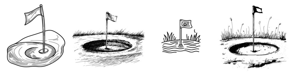 A hand-drawn outline doodle icon of a golf hole and flag, representing recreation, holidays, and hobbies, specifically golf clubs and games, as a modern sketch illustration on a white background for © Andrei