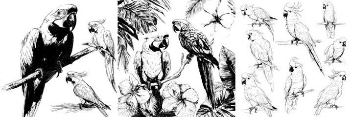 The modern illustration features a set of hand-drawn black and white sketches of colorful vintage exotic tropical birds, including parrots, macaws, and cockatoos, as isolated objects © Andrei