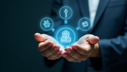 Flat Hand displaying holographic LCA and sustainability icons with empty space theme concept as Hand displaying holographic Life Cycle Assessment (LCA) with sustainability icons in empty space in  Sim