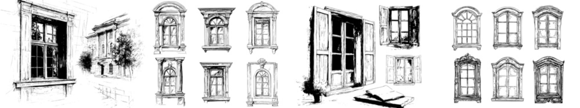 The illustration is a modern sketch of old wooden house windows in a black and white hand-drawn image, imitating the scratch board style through engraving