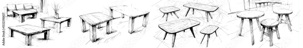 Poster a realistic sketch of various tables drawn in perspective, with a table set