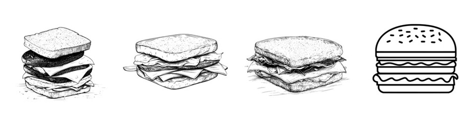 A hand-drawn ink sketch of a sub sandwich is presented as a modern black and white vintage illustration on a white background, ideal for menu design