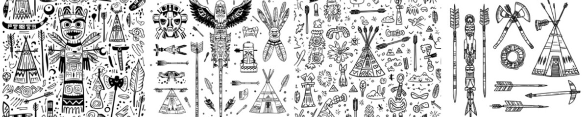 Traditional Native American objects include a wigwam, totem pole, canoe, and various weapons, all presented in a modern hand-drawn outline sketch illustration set © Andrei