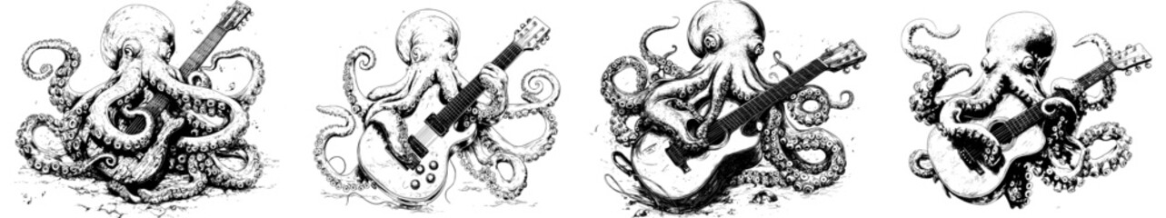 Modern illustration of an octopus playing an electric guitar is depicted in a scratch board style black and white hand drawn image © Andrei
