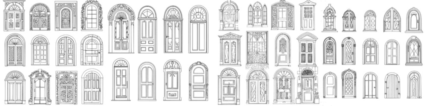 A seamless pattern of black and white doors for a coloring book, showcasing house entrance designs from medieval to modern times