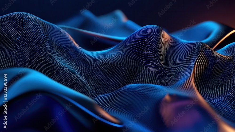 Poster abstract digital of a shimmering blue wireframe sphere with a dynamic futuristic grid of points and 