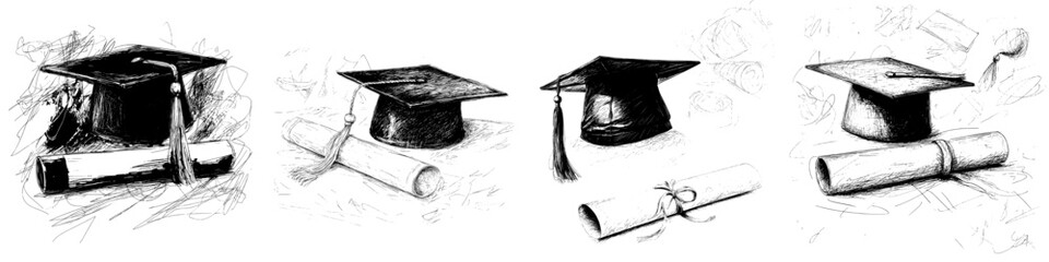 Obraz premium A hand drawn modern illustration of a graduate cap and diploma forms a realistic sketch of a vintage education set