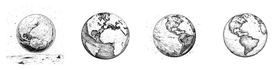 A vintage-style black and white hand drawing of an antique globe is presented as clip art, isolated on a white background © Andrei