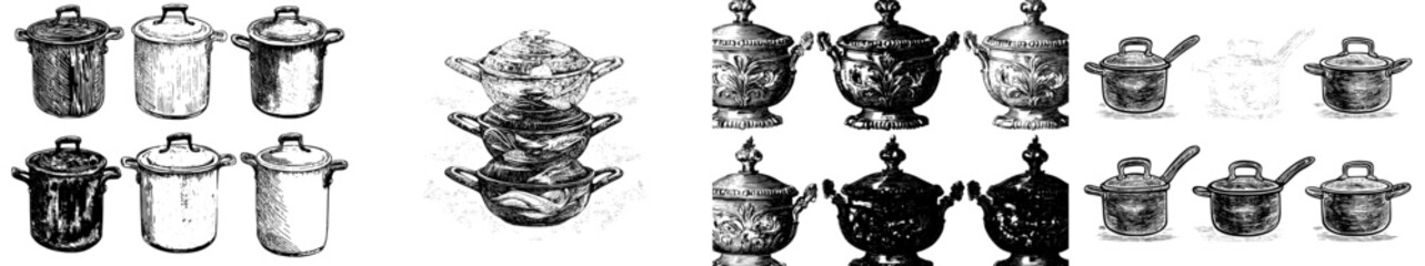 The kitchen utensils and pan casserole pot set are depicted in a modern illustration with a color sketch and engraving style, presented in a scratch board imitation, as a black and white hand drawn