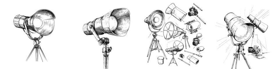 A modern illustration of a spotlight, floodlight, theatre, and projector is depicted in a sketch engraving style, suitable for a tee shirt apparel print design, created using a scratch board style © Andrei