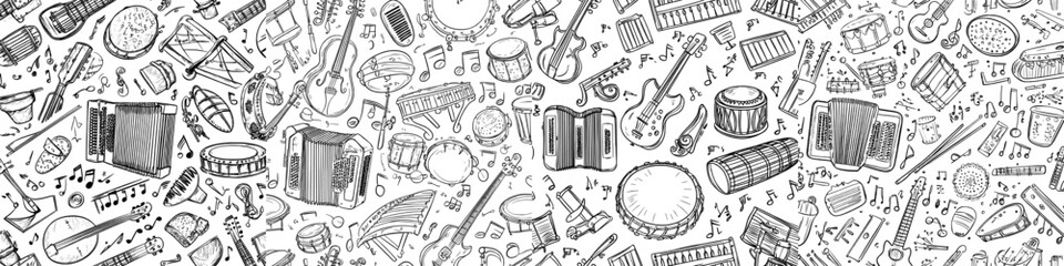 A contemporary seamless design featuring musical instruments, created as a linear hand-drawn cartoon illustration