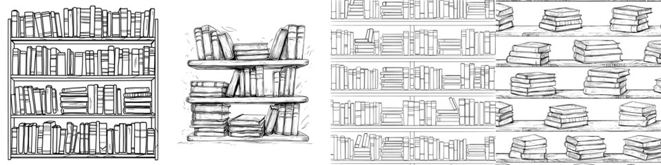Modern isolated sketch illustration of a bookcase in black and white graphic