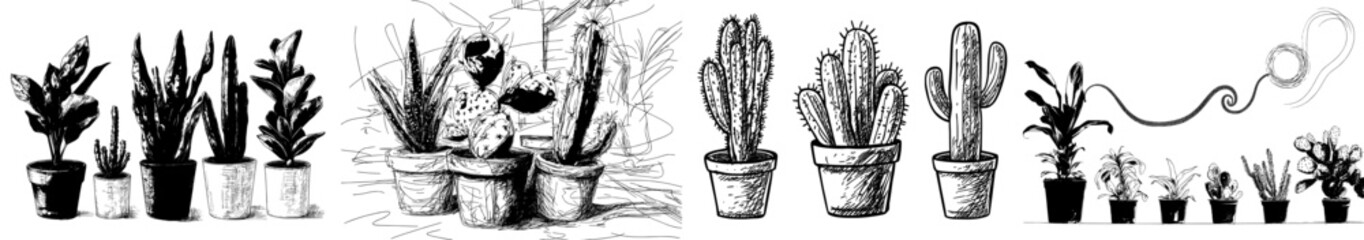 A collection of potted house plants is depicted in a sketch of indoor flowerpots, presented as a hand drawn black and white modern illustration