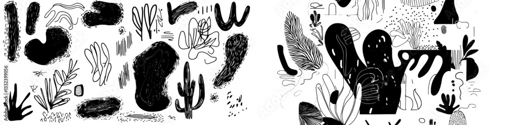 Poster a vast array of hand-drawn, varied, and colorful shapes and doodle objects, creating an abstract, co
