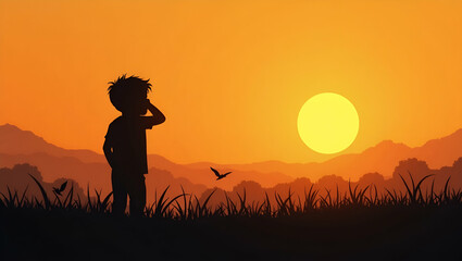 Flat Sad boy silhouette worried on the meadow at sunset illustrating emotional distress and childhood vulnerability concept as Silhouette of a sad boy standing in a meadow at sunset illustrating emoti