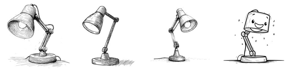 The office lamp on the table features a modern hand-drawn doodle style
