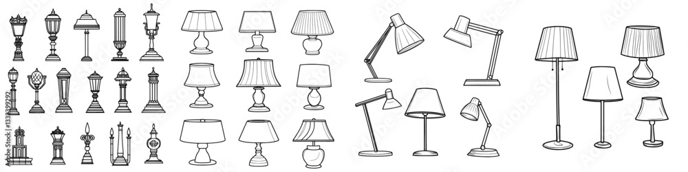 Poster a collection of table lamps with lampshades is depicted in a modern sketch, featuring isolated black