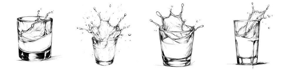 A contemporary depiction of glass with splashing milk set against a white background, rendered in a hand-drawn engraving style