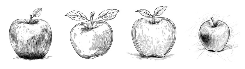 A vintage, hand-drawn illustration of an apple with a leaf is presented in a modern engraved style