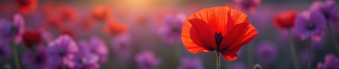 Crimson poppy, vibrant contrast against purple blooms , flowers, red, macro