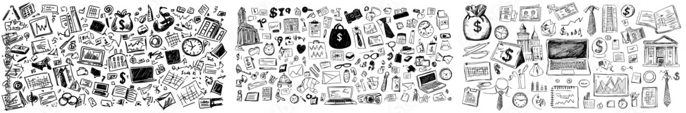 Poster collection of hand drawn doodle illustrations featuring money and banking related objects and elemen