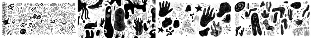 Poster a large collection of hand-drawn shapes and doodle objects is presented in a modern and trendy abstr