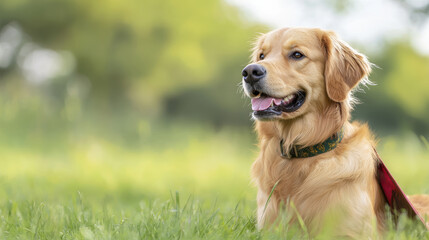 Golden retriever sitting in grassy field, enjoying sunny day outdoors